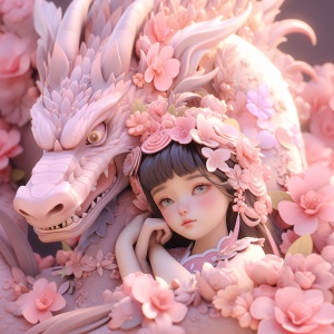 中国最美丽的小女孩和粉色瓷龙的梦幻场景