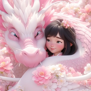 中国小女孩与粉色白瓷龙的温馨梦境