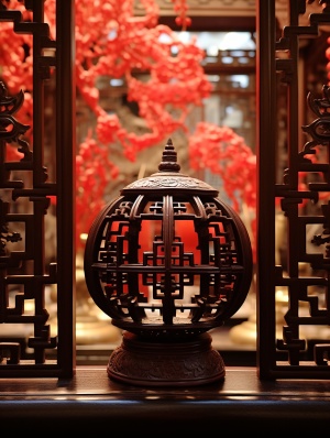 前景红色的中国十字结，后景中国宫廷灯，虚化的背景是中国古朴木雕屏风，屏风上隐隐约约可以看见一串装饰的红辣椒