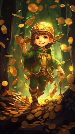 绿色精灵男孩在森林中拿金币，卡哇伊艺术风格
