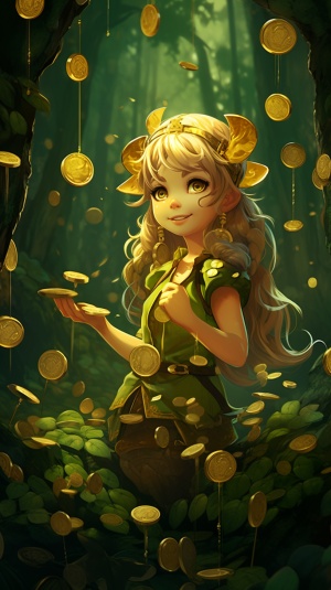 森林中的卡哇伊精灵女孩带着金币的画面