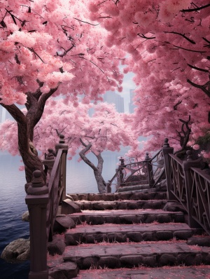 河边樱花树,开满了粉色的樱花,台阶,超现实,超细节,8k高清画质 v 5
