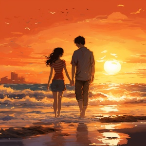 中国情侣的海边日落浪漫形式主义