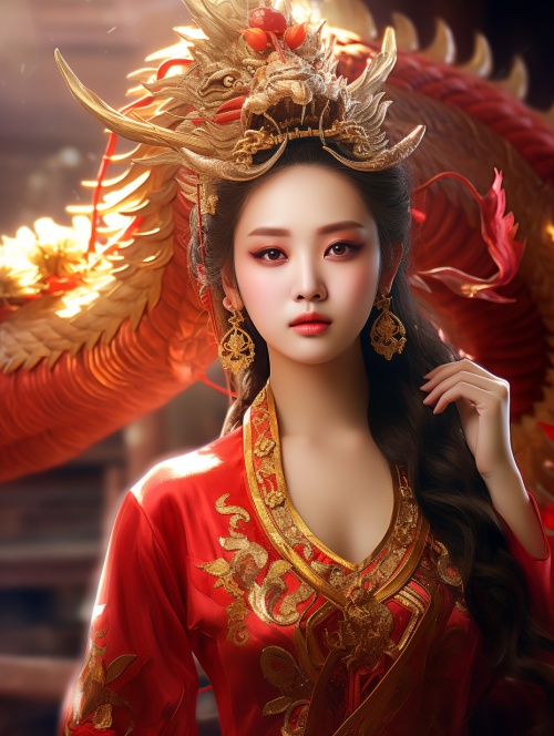 一个穿着红色中国传统服装的漂亮女孩，有金色龙，闪亮的眼睛，珍珠彩虹色之母，动物会发光，专业摄影，超写实，面部增强，超高的细节，超高清画质，32K