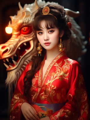 一个穿着红色中国传统服装的漂亮女孩，有金色龙，闪亮的眼睛，珍珠彩虹色之母，动物会发光，专业摄影，超写实，面部增强，超高的细节，超高清画质，32K