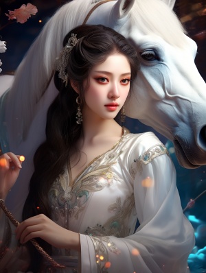 一个穿着白色中国传统汉服的漂亮女孩，有黑马，闪亮的眼睛会发光，珍珠彩虹色之母，专业摄影，超写实，面部增强，超高的细节，超高清画质，32K
