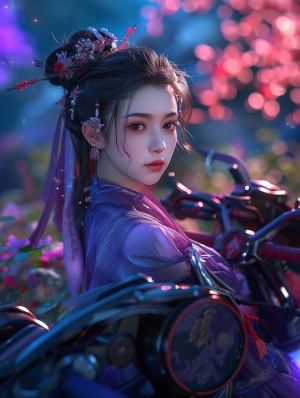 一个穿着紫色纱裙和机甲的漂亮中国女孩，五官精致，大眼睛，玲珑鼻，樱桃嘴，骑着亮黑色和红色相间的机甲凤凰，泛着蓝红光，开满鲜花的花园，简约，浅景深，全景，专业摄影，超真实，超写实，超高的细节，超高清画质，32K