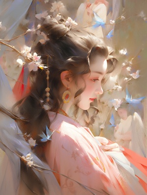 imagine Song Dynasty artist Zhao Ji style oilpainting, Artist Sargent's colors,Extremelyclose-up, headshot close-up, POV perspective,Chinese beauty youth dancing wear beautiful and detailed Loose Hanfu, beautiful light,extremely beautiful detailed face and brown eyes,fluttering silk, flurry hair, lending an sadness and silence quality to the artwork depiction,UHD