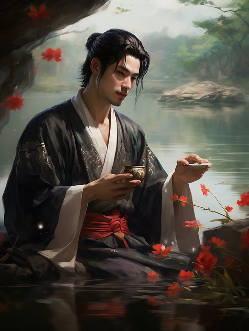 Chinese ancient style handsome man,frontalclose-up,with black hair, wearing a black traditional Hanfu,Red ribbons tied to the hair,lay on a small boat in the middle of a lake,holding an antique Chinesewine jar and drinking::5, surrounded by blooming lotusflowers,with a serene facial expression,fairy air,thebright moon hangs in the night sky,the surrounding environment is illuminated by the moonlight,forming a quiet and mysterious atmosphere,delicate facialfeatures,details painting,fantasy art,animation aest