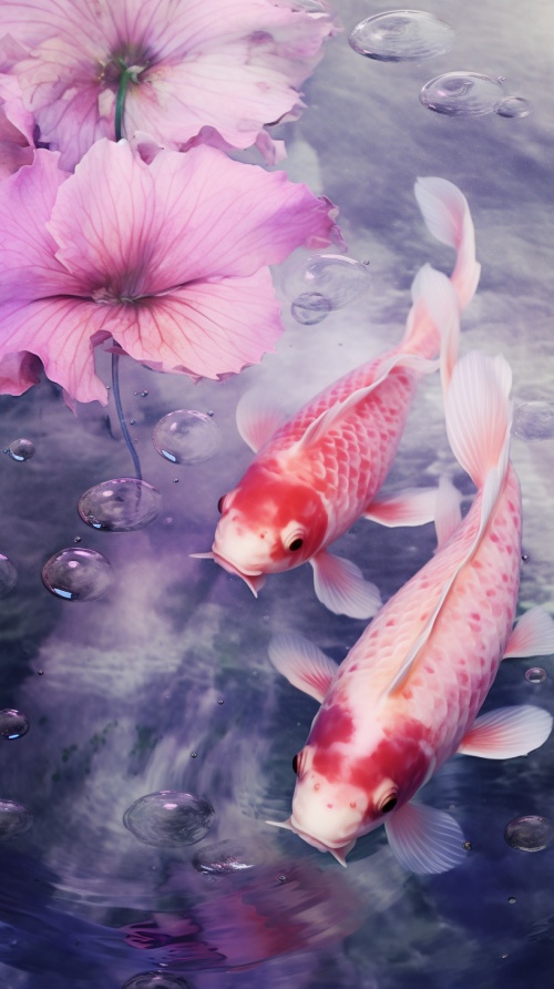 little photo of couple carp and water, light pink purple and clear color style, anime aesthetics, fun complexity, berry punk, gorgeous colors, 32k uhd, carol buckwater surreal water, surreal water, anime aesthetics, like something falls into the water, water forms a splash, realistic scene with a pink lotus next to it