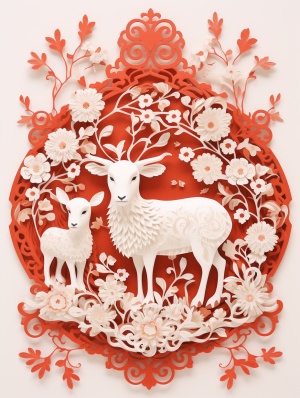 极简的 中国剪纸，三羊开泰，五蝙蝠闹春，周围环绕着各种吉祥和美好的图纹，融合中国传统绘画，线条流畅，工艺精湛，镂空，