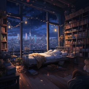 Bookish Bedroom Design with Atmospheric Cityscapes