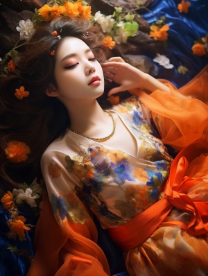 一个东方古典美丽女孩，穿着橙色的薄纱汉服，低领，和一条七彩的中国龙，一起安详的躺在开满鲜花的山谷里，梦幻的风格，金色的调色板，动漫般的脸蛋，精致的面孔，深青色和琥珀色，仙女风格，发丝飘逸，精致花朵点缀，柔和的光线洒落在周围，超真实，超高清画质，超精致细节表现，32K HD