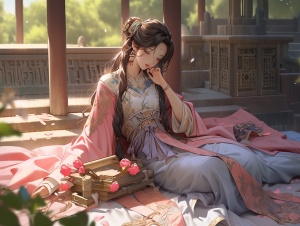 中国古代，明代庭园，一个女子，20岁，明代服饰，精致的面容，屁股在地上，手在地上，满眼含泪，正在哭泣，超高清画质。