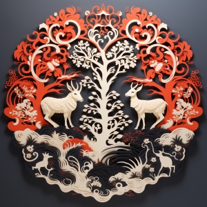 极简的 中国剪纸园形作品，三只抬头望日的羊，五只从天而降的蝙蝠，各种吉祥和美好的图纹，结合中国传统绘画风格，线条流畅，工艺精湛，镂空，园形构图