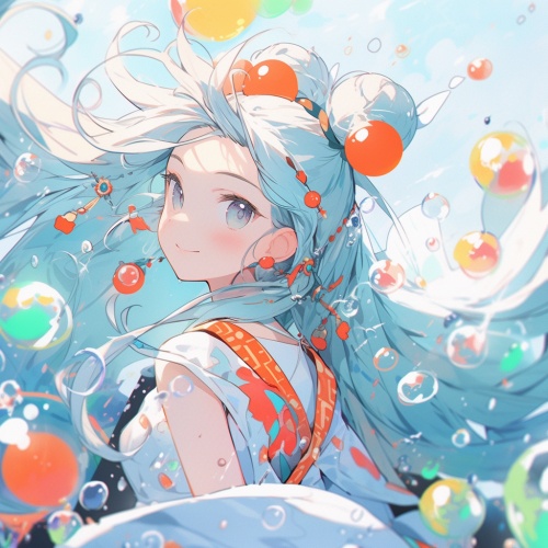 Girl, light blue and white long hair, high ponytail, light blue dress, more coral, colorful bubbles niji 5 ar 1:1