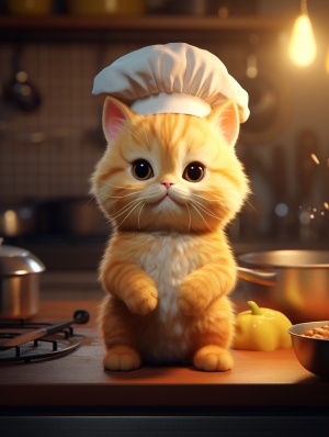 可爱黄色猫猫在光线充足的厨房炒菜，虚幻引擎8k细节充分创作