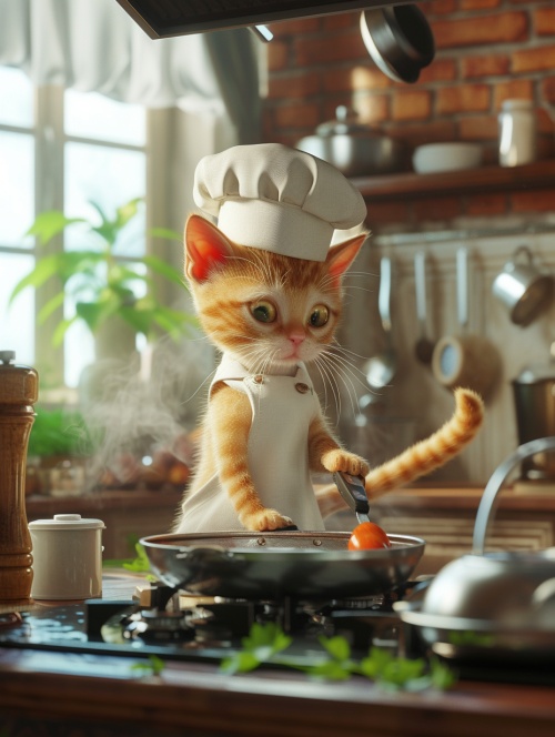 一只可爱的黄色猫猫穿着厨师衣服在厨房炒菜,光线充足,细节充分,8k,虚幻引擎,佳作,超真实