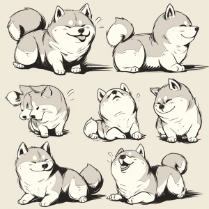 A cute Shiba Inu,multiple poss and expressions, the style of line drawing style, dark white, light beige, loose gestures, simple line work, lacquer painting, thick texture,style cute, emoji as illustration set, with bold manga line style, dynamic pose dark white,f64 grouprelated characters niji 5
