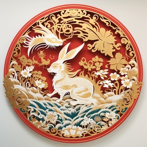 Chinese traditional paper-cut works: A golden dragon flies down from the sky, a white rabbit rises up to the sky, and the background is the auspicious and festive patterns. Combining with Chinese traditional painting, the white rabbit and the golden dragon are both in the picture, with the golden dragon as the main character.