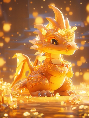 可爱的龙穿金色发光衣服闪闪发光黄色光芒的3D艺术