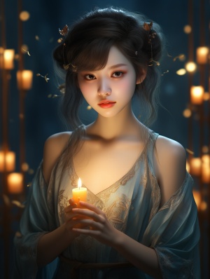 一个中国女孩对着镜头摆pose，在暗金色和浅海蓝宝石的风格中，浪漫幻想，32k uhd，fairycore，ferrania p30，黄金时代美学，浅棕色和深蓝色，浅景深，简约，超高清画质，超细致