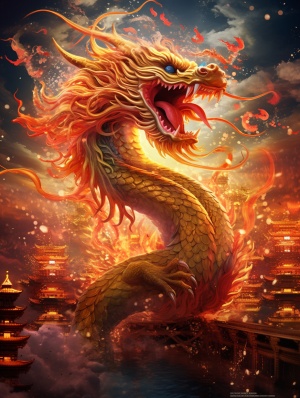 绚丽华丽的中国新年龙，富有神秘魅力的龙身被神圣红金色鳞片覆盖，雄壮威武的龙头高昂，鳞片之间闪烁着炫目光芒，龙爪紧紧抓住一颗发光的节日烟花，巨大龙身翻跃于云海之上，带来繁荣和好运。它的骄傲气魄和霸气逼人，腾于空中。
