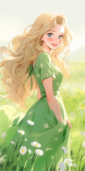 美丽的女孩，金黄色长发，绿色长裙，开满雏菊的绿草地