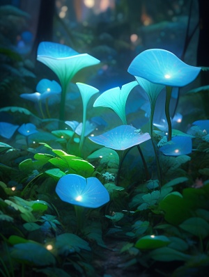 A cluster of futuristic lilies and mushrooms, big and small, in the forest, made of jade, glass, film coating natural light, emitting glow, and macro naturalphotography ar 3:5s 750v 6.0