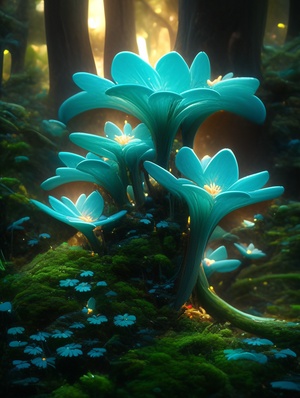 A cluster of futuristic lilies and mushrooms, big and small, in the forest, made of jade, glass, film coating natural light, emitting glow, and macro naturalphotography ar 3:5s 750v 6.0