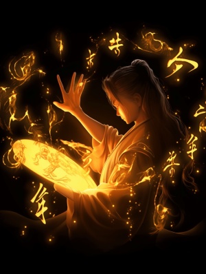 一位中国古典武侠女子正在使用他的双手施展魔法。她的手中发出明亮的金黄色光芒，这些光芒与周围的符号和文字交织在一起，给人一种强烈的能量感。背景是深色的，与前景形成鲜明对比，使得女子和她手中的力量成为焦点。在图像中，有许多中文字符和符号，它们似乎是古老的、神秘的或魔法相关的文本。这些文字和符号为整个场景增添了一种古老和神秘的氛围。整呈现了一种强大的魔法力量的主题，结合了古老的文化元素和现代的艺术风格，超高清画质，32K