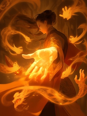 一位中国古典武侠女子正在使用双手施展法术。她的手中发出明亮的金黄色光芒，这些光芒与周围的符号和文字交织在一起，给人一种强烈的能量感。背景是深色的，与前景形成鲜明对比，使得女子和她手中的力量成为焦点。在图像中，有许多中文字符和符号，它们似乎是古老的、神秘的或魔法相关的文本。这些文字和符号为整个场景增添了一种古老和神秘的氛围。整呈现了一种强大的魔法力量的主题，结合了古老的文化元素和现代的艺术风格，超高清画质，32K