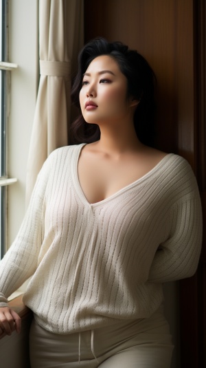 肥胖的亚洲美女，穿着一件白色镂空白毛衣，卡其色A字裙，站在窗户旁，成熟又迷人，半身像，超高清，超分辨率，大师杰作，