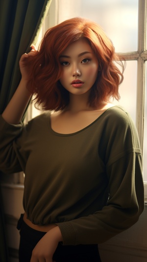 肥胖的亚洲美女，深红色头发，半身像