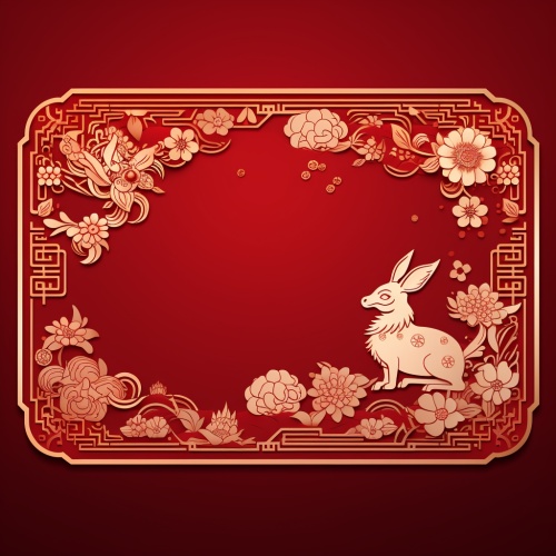 中国红，红色背景卡片，卡片左边上镶白色兔纹，卡片右下边镶金色龙纹，中间留空白，简单，精致，8K输出