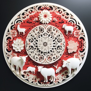 Minimalist Chinese paper-cutting circular artwork features three sheep looking up at the sun and five bats descending from the sky, all surrounded by various auspicious and beautiful patterns. Incorporating the traditional Chinese painting style, the artwork boasts smooth lines, exquisite craftsmanship, and intricate hollow-out designs. The circular composition completes the harmonious and beautiful piece.