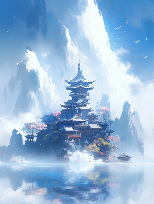 中国传统建筑，禅宗，蓝色抽象的山景与水景，在中国传统景观的风格，最好的像素，有机形成，uhd图像32K，高松，极简背景，宁静的湖面