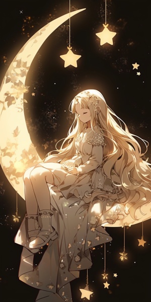美丽女孩坐月亮，金发梦幻夜空繁星闪烁