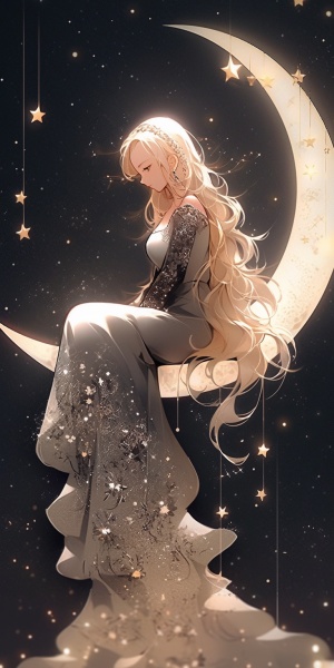 美丽女孩坐月亮，金发梦幻夜空繁星闪烁