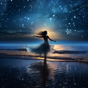 美丽的跳芭蕾舞的女孩在月光下的海面上舞蹈，闪闪发光的蓝色芭蕾舞裙，乌黑的长发。平静的海面，皎洁的月光。