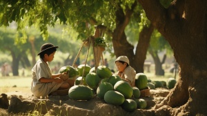 古代，小孩在那桑树阴下学着种瓜