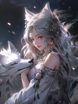 中国古代明代风格，银发银眸的美丽女子，九尾银狐，月色朦胧，自然的光亮