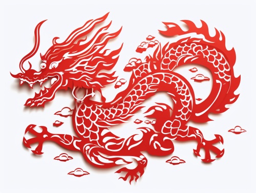 极简的，中国剪纸，关于龙，龙騰平面，单层，矢量剪影，飞龙，镂空，红色，无阴影，白色背景