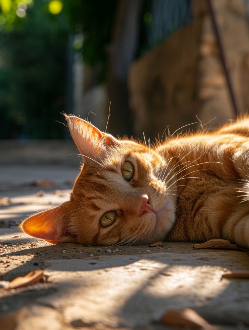 一只橘猫趴在地上，阳光照在身上，室外，光线充足，细节充分