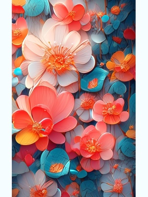 各种颜色的鲜花铺满画面，橙色，粉色，橘色，红色，蓝色，蓝绿色，青蓝色，简约，特写，浅景深，立体3D，3D渲染，超高清画质，32K