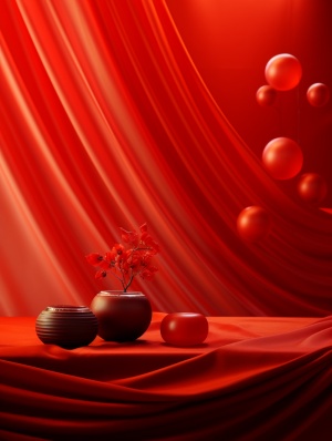 超近景高级感，红色窗帘背景下的春节氛围