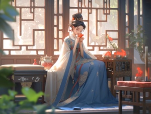 中国古代场景，明代建筑，一个女人，60岁，有皱纹，头大已经白了，盘着明代发髻，坐在凳子上，慈祥的看着镜头，32k uhd