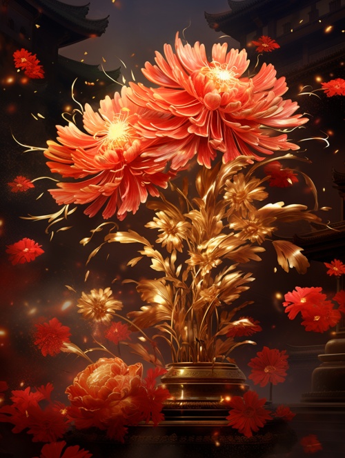 福字 春节 红色 金色 闪光 庆祝 烟花 鲜花
