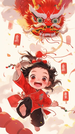 Q version of the baby dragon full body expression is happy, taking off in the middle of the air, the position is in the middle of the picture two-thirds, dragon horn hanging Fu bag, dragon scale glass gold ➕ red gradient, lovely smile, smart big eyes, the whole body cute toot. Background red tone, lively New Year, Spring Festival elements. Spring couplets, fireworks in the air, lanterns, a hundred flowers blooming, red tone, gold ingots and coins on the ground, mascot, colored lights