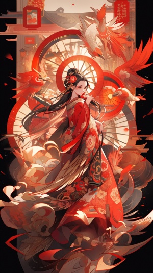 中国新年艺术，采用环绕式构图，让画面充满层 次感和动感。主视觉以中国传统文化为灵 感，突显中国文化的深刻内涵。整体画面围 绕双龙贺新岁的主视觉，结合了传统习俗如 财神送 财至的到来、仙鹤送福、大红灯笼， 趣味舞狮子，拜年等，呈现出浓厚的年味。 配上红色调，突显新年的热烈 氛围。整体画面通过细腻的绘画技巧，展现 了对中国文化的热爱和对新年的美好祝愿！绘画风格:动漫插画